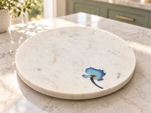New White Marble Lazy Susan Rotating Turntable Blue Floral Stone Inlay
